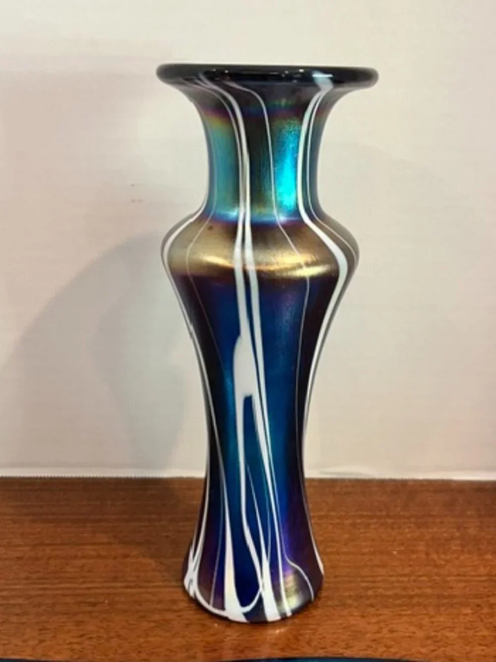 Glass Magic Blue Iridescent Art Glass Pulled Stripe 9.5